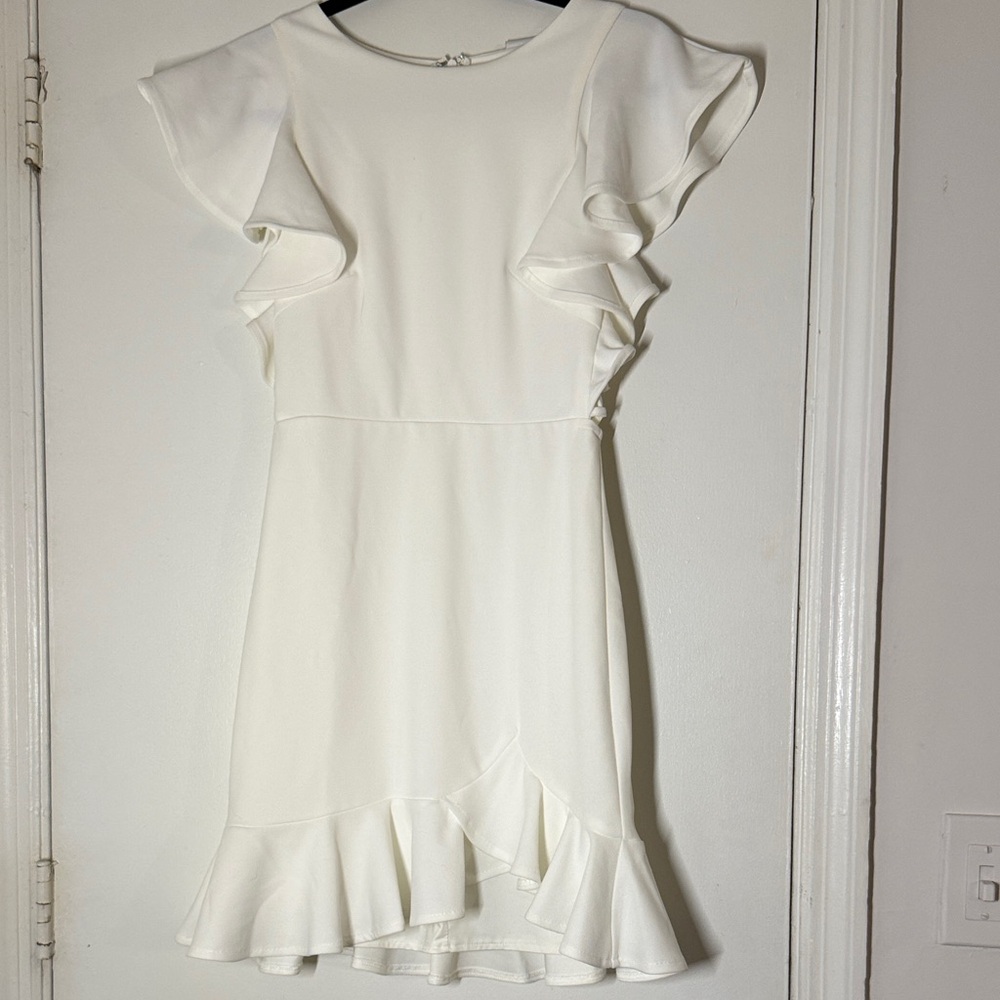 Selfie Leslie White Ruffle Sleeve & Hem Party Dress